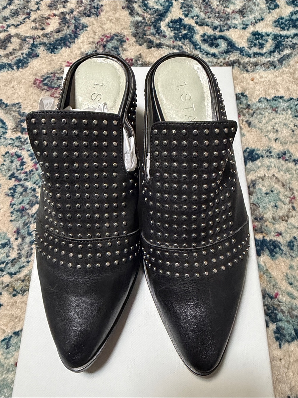 1. State Leather Black Pointed Toe Studded Slip-On Mule- 7